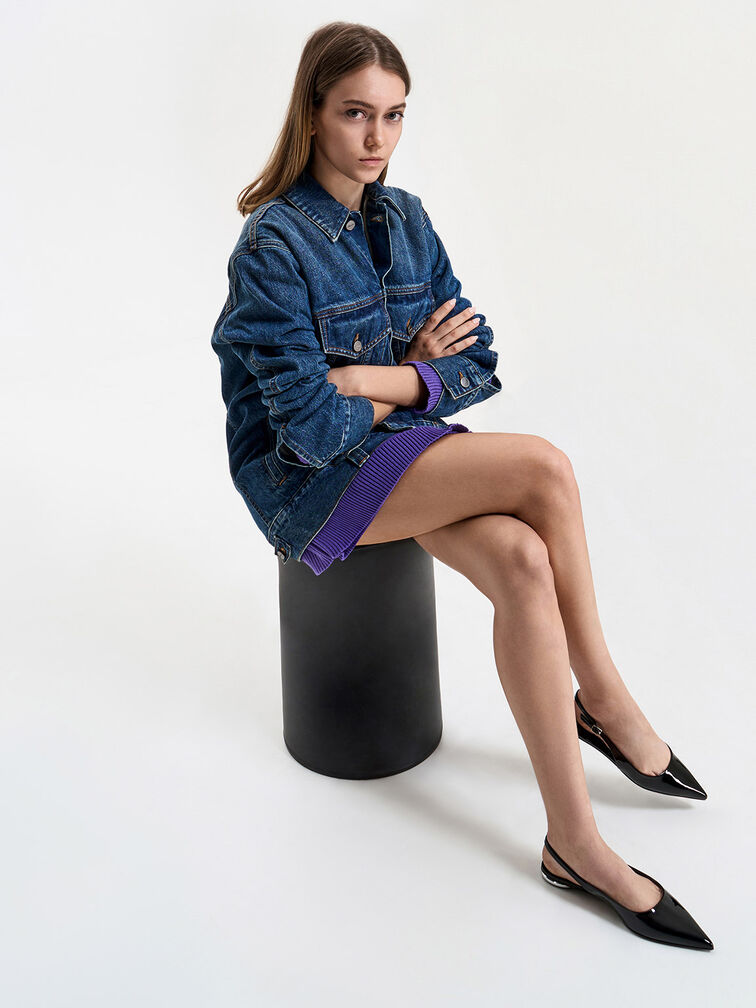 Patent Pointed-Toe Slingback Flats, หนังแก้วสีดำ, hi-res