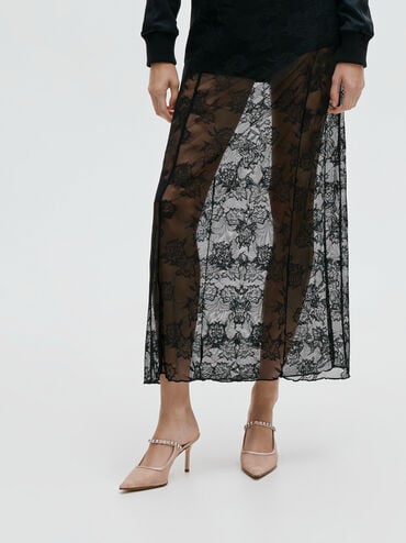 รองเท้าเปิดส้นดีไซน์ลูกไม้และผ้าซาติน, สีนู้ด, hi-res