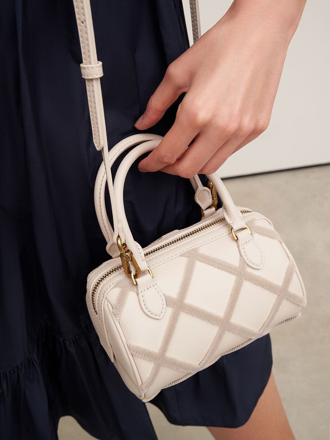Cleo Criss-Cross Pattern Top Handle Bag, Ivory, hi-res