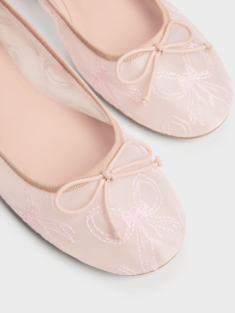Embroidered-Mesh Bow Ballet Flats, Light Pink, hi-res