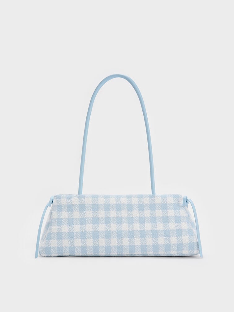 Hazel Gingham Bow Elongated Shoulder Bag, Gingham Blue, hi-res