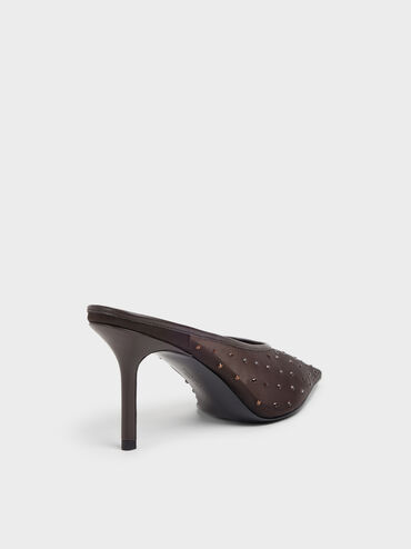 Mesh Crystal Pointed Heeled Mules, Dark Brown Textured, hi-res