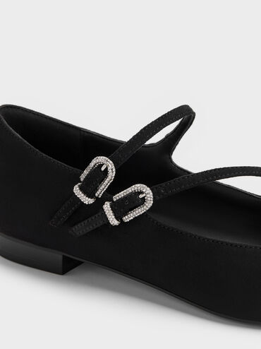 Faux Suede Crystal-Buckle Double-Strap Mary Janes, Black Textured, hi-res