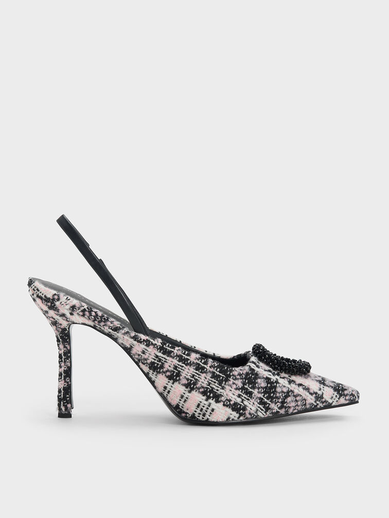 Tweed Beaded Circle Slingback Pumps, สีชมพู, hi-res