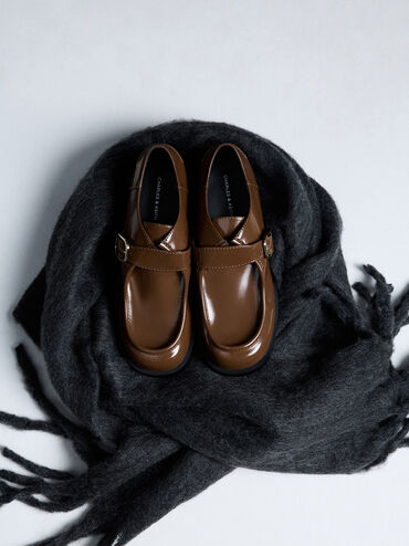 Buckled-Strap Loafers, Brown, hi-res