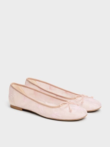 Embroidered-Mesh Bow Ballet Flats, Light Pink, hi-res
