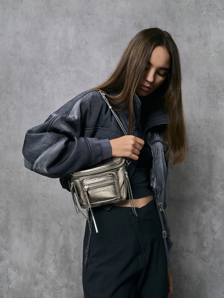 Xylia Metallic Multi-Zip Crossbody Bag, Pewter, hi-res