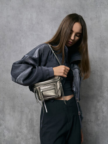 Xylia Metallic Multi-Zip Crossbody Bag, Pewter, hi-res