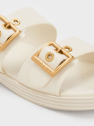 Buckled Double Strap Slide Sandals, White, hi-res
