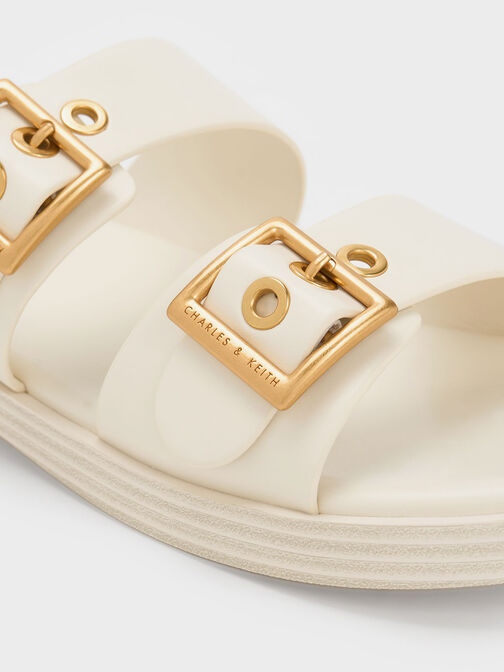 Buckled Double Strap Slide Sandals, White, hi-res