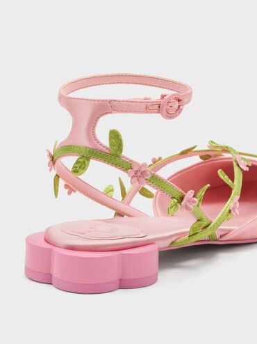 รองเท้าส้นเตี้ยพร้อมสายรัดข้อเท้าดีเทลเถาวัลย์ดอกไม้, สีชมพู, hi-res