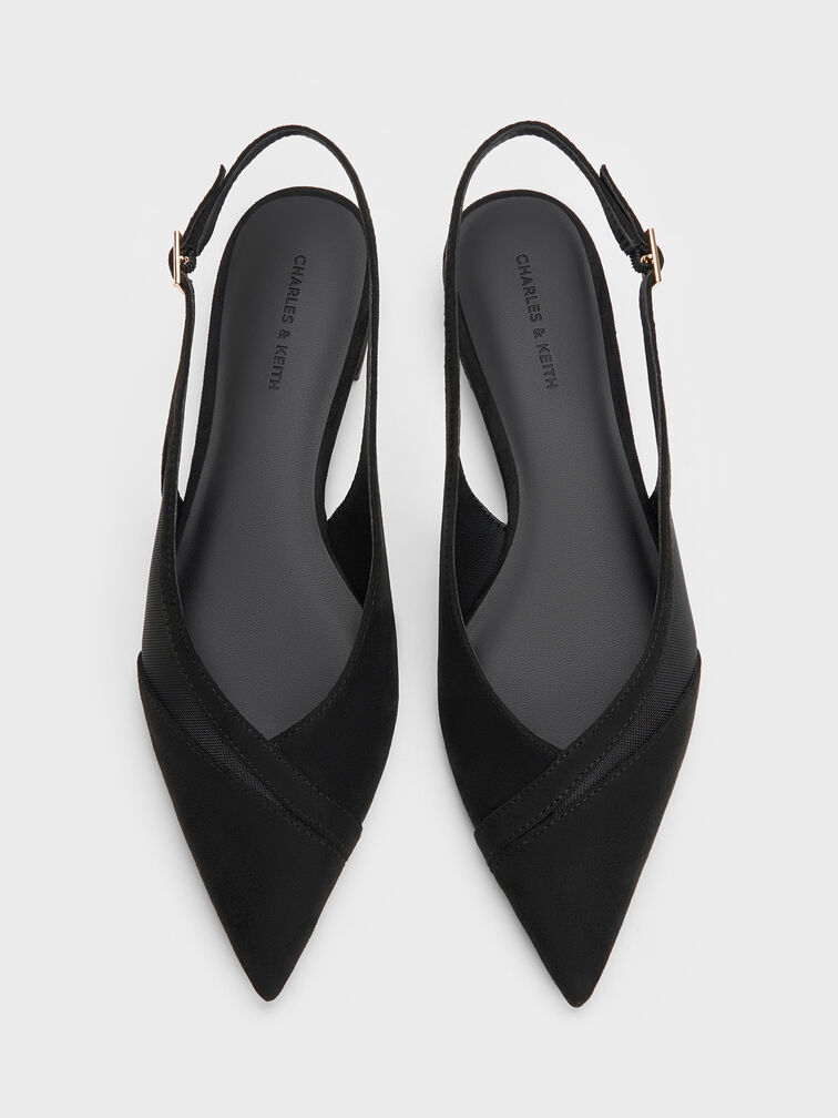 Faux Suede & Mesh Slingback Flats, Black Textured, hi-res