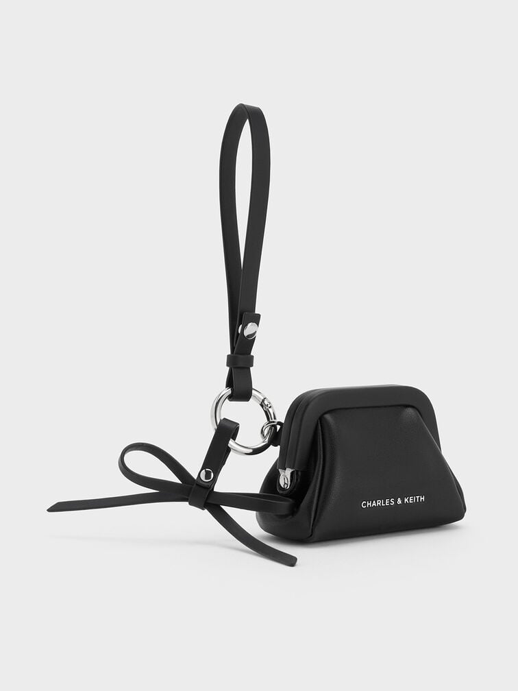 ชาร์มกระเป๋าใบจิ๋วตกแต่งด้วยโบว์, สีดำอะไหล่สีเงิน, hi-res