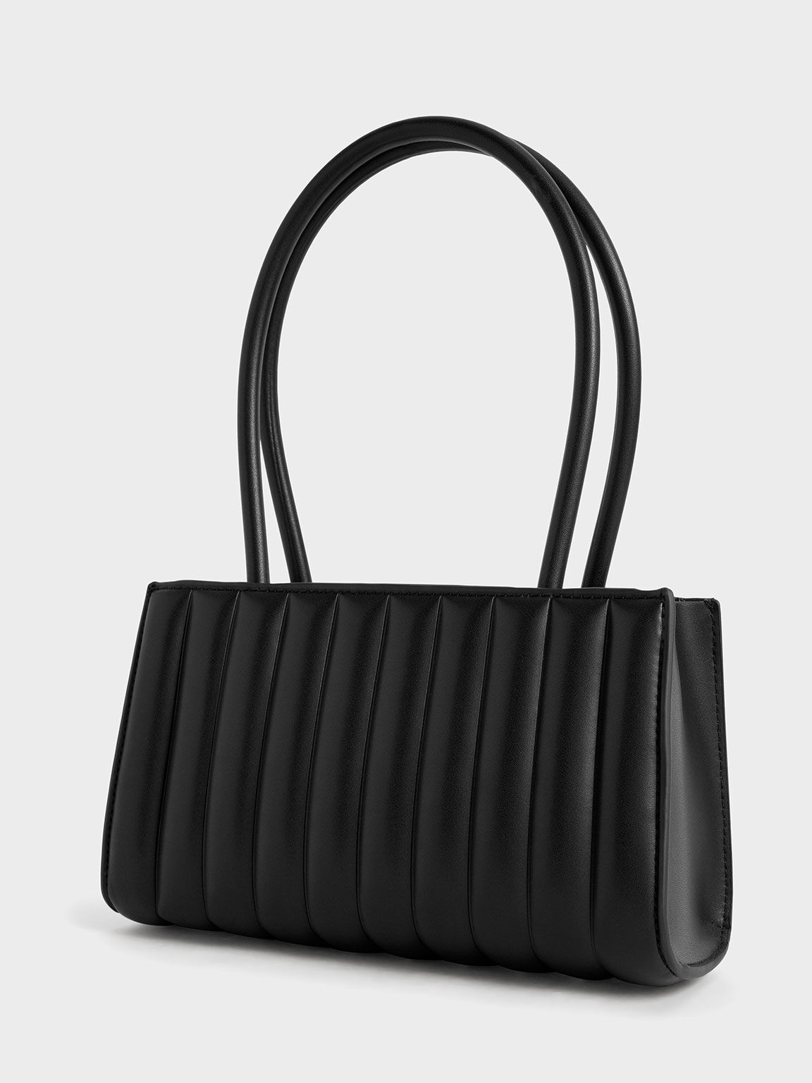 Pleated Double Handle Tote Bag, Black, hi-res