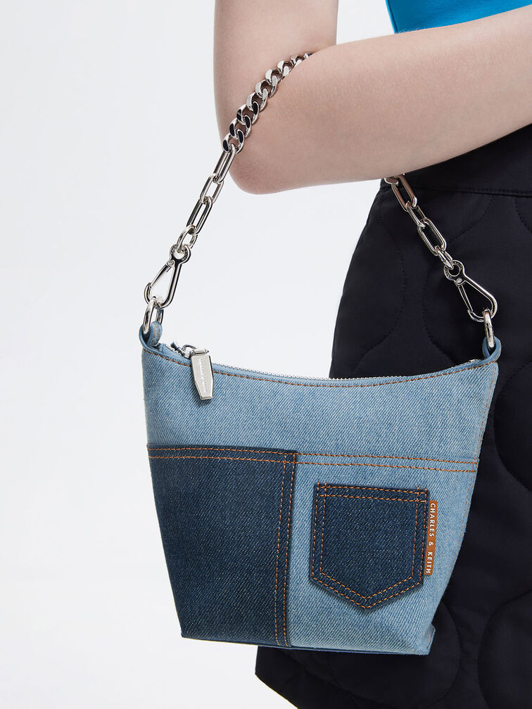 Anthea Denim Contrast-Trim Shoulder Bag, สีเดนิมบลู, hi-res