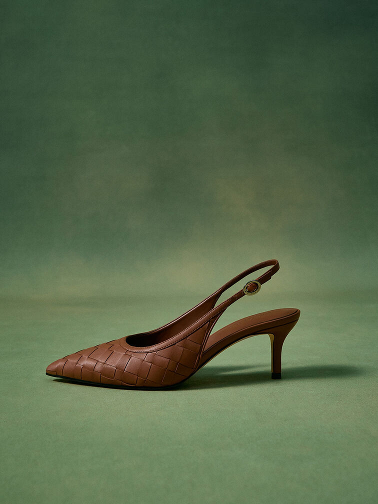 Woven Pointed-Toe Slingback Pumps, Brown, hi-res