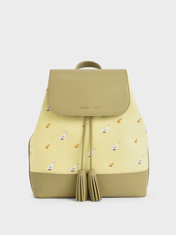 Genevieve Two-Tone Printed Tassel Backpack, Butter, hi-res