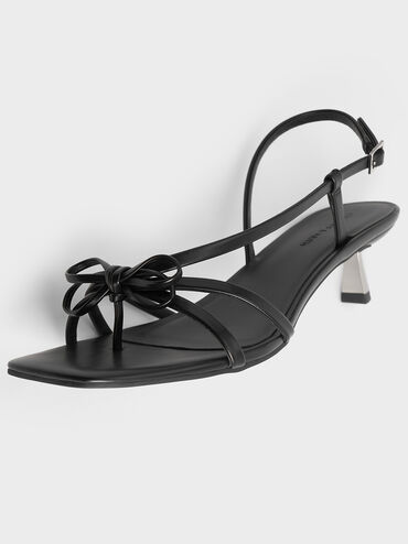 Bow Strappy Heeled Thong Sandals, Black, hi-res