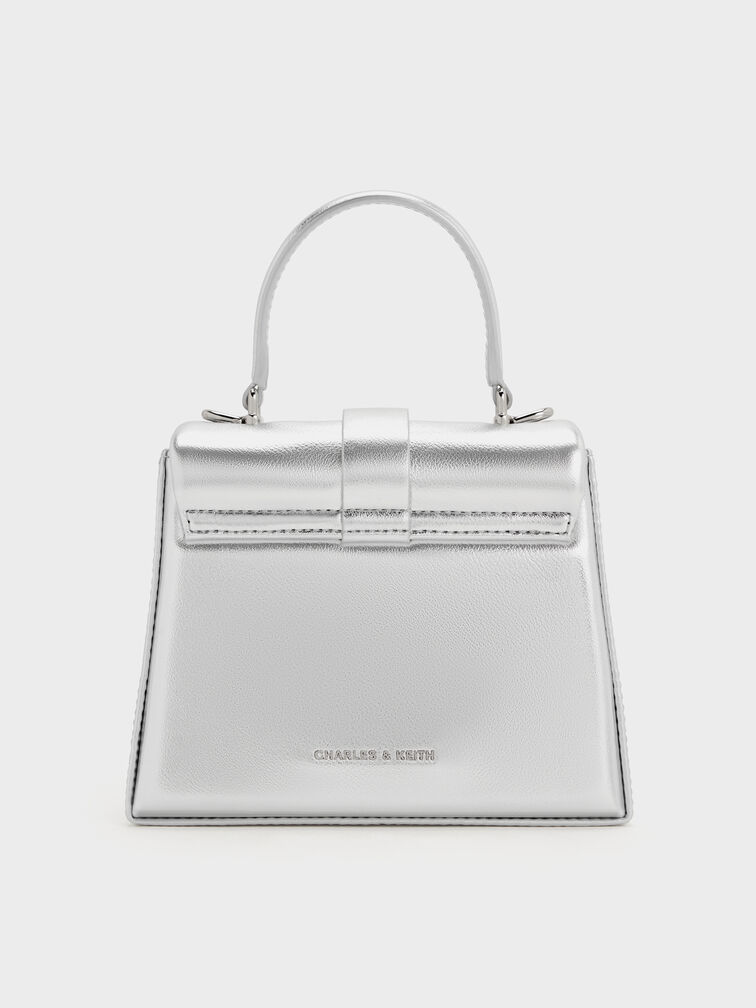 Metallic Crystal-Buckle Belted Top Handle Bag, Silver, hi-res