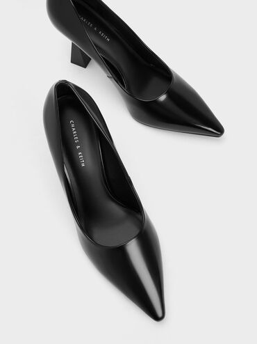 Trapeze Heel Pointed-Toe Pumps, Black Boxed, hi-res
