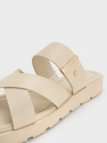Metallic-Accent Crossover-Strap Slide Sandals, Chalk, hi-res