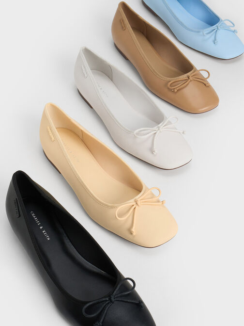 Rounded Square-Toe Bow Ballerinas, สีเหลือง, hi-res