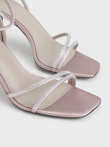 Satin Crystal Stiletto Sandals, Mauve, hi-res