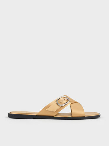 Recycled Polyester Crystal-Buckle Crossover-Strap Sandals, Champagne, hi-res