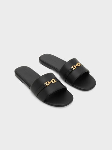 Metallic Accent Round-Toe Slide Sandals, สีดำ, hi-res