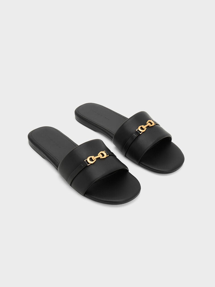 Metallic Accent Round-Toe Slide Sandals, , hi-res