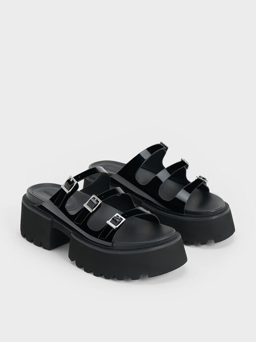 Nadine Patent Triple-Strap Platform Sandals, หนังแก้วสีดำ, hi-res