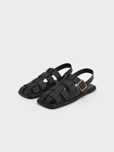 Metallic Buckle Caged Slingback Sandals, Black, hi-res