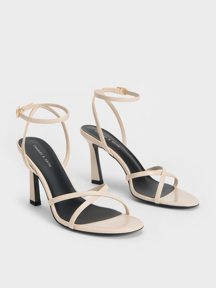 Patent Crossover-Strap Heeled Sandals, Cream, hi-res