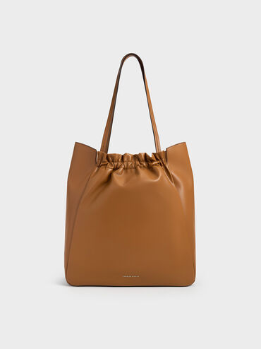 กระเป๋าโท้ทดีเทลจับจีบย่นรุ่น Brigette, สีน้ำตาล, hi-res