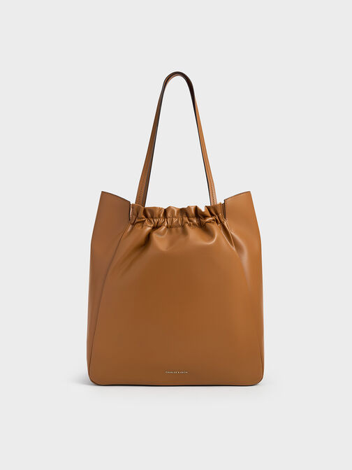 กระเป๋าโท้ทดีเทลจับจีบย่นรุ่น Brigette, สีน้ำตาล, hi-res