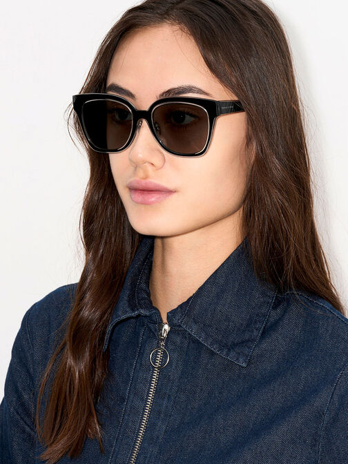 Oversized Square Metallic Accent Sungalsses, , hi-res