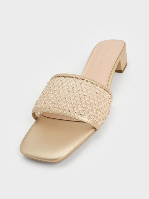 Mesh Crystal-Embellished Heeled Mules, Gold, hi-res