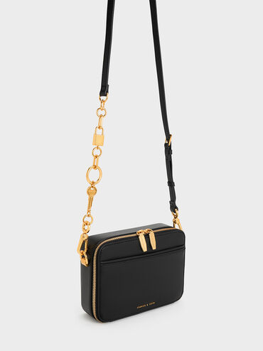 Lock & Key Chain Handle Bag, สีดำ, hi-res