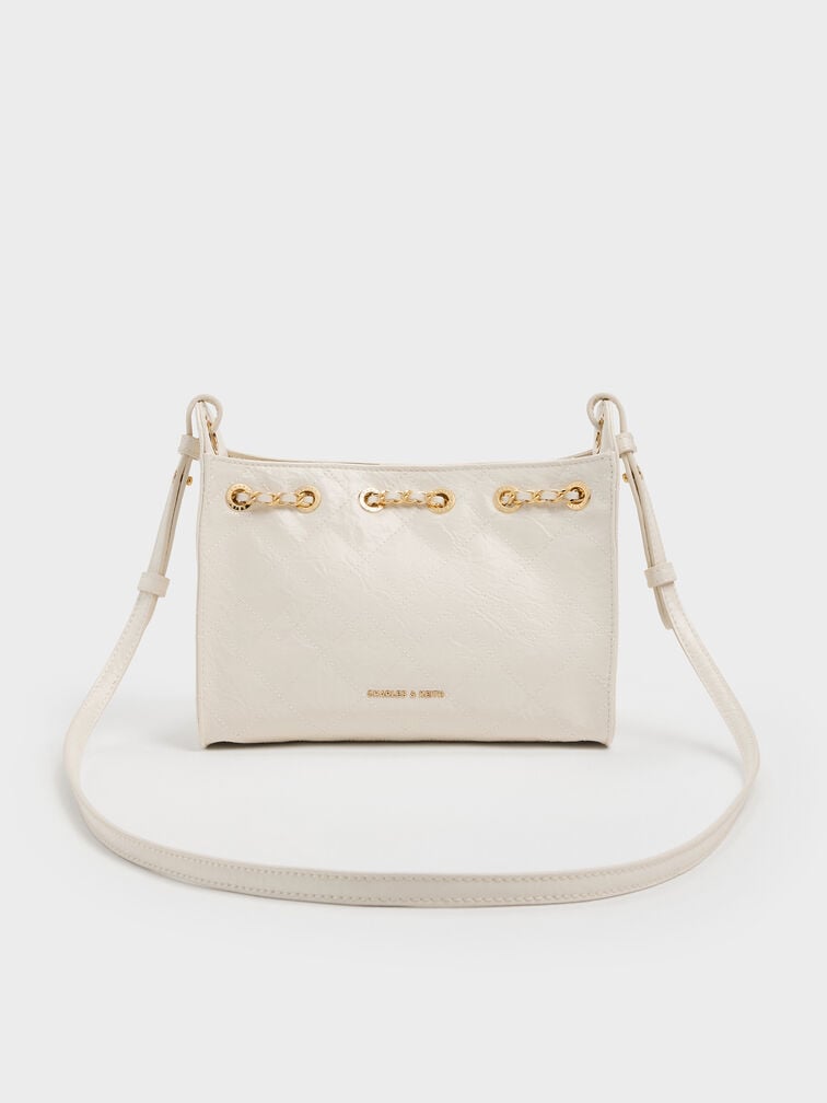 กระเป๋าทรงถังลวดลายควิลท์พร้อมเชือกรูดรุ่น Duo, สีครีม, hi-res