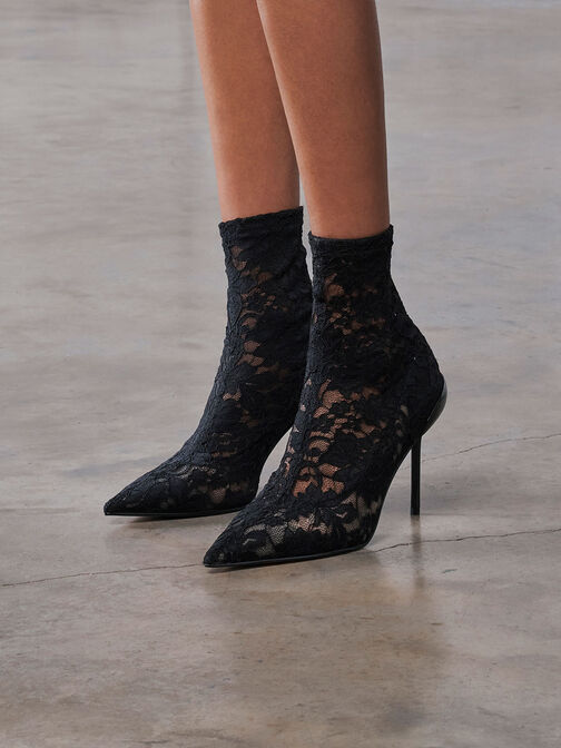 Lace & Mesh Ankle Boots, สีแบล็คเท็กซ์เจอร์, hi-res