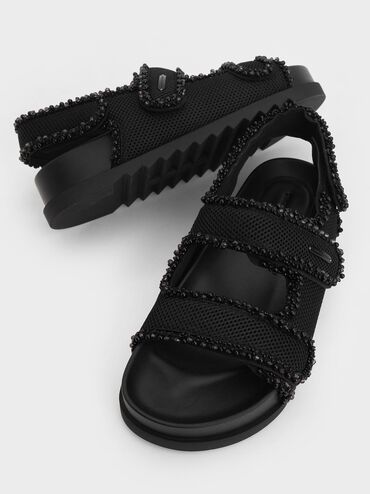Mesh Pearl-Embellished Flatform Sandals, Black Textured, hi-res