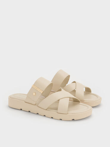 Metallic-Accent Crossover-Strap Slide Sandals, Chalk, hi-res