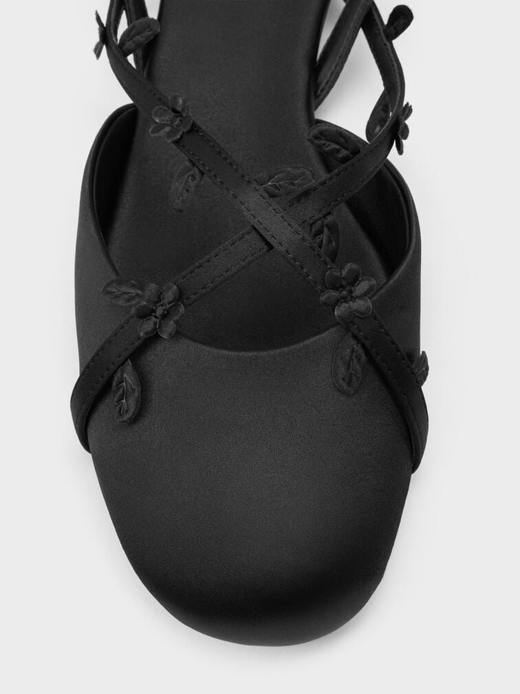 Floral-Vine Ankle-Strap Flats, Black Textured, hi-res