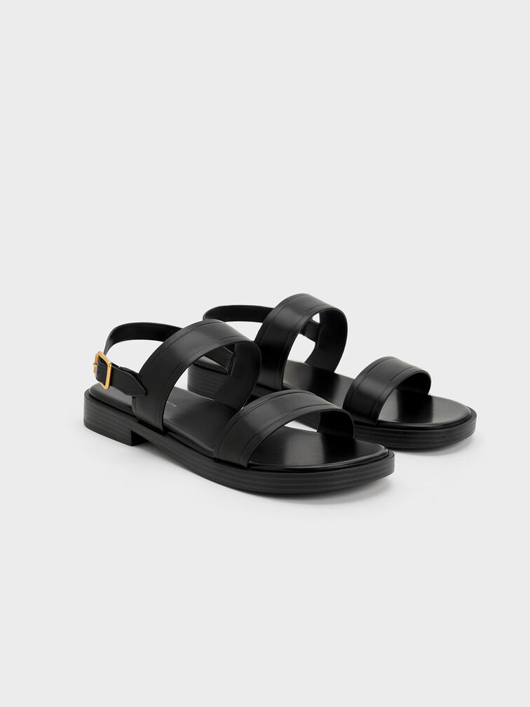 Buckled Double Strap Sandals, Black, hi-res