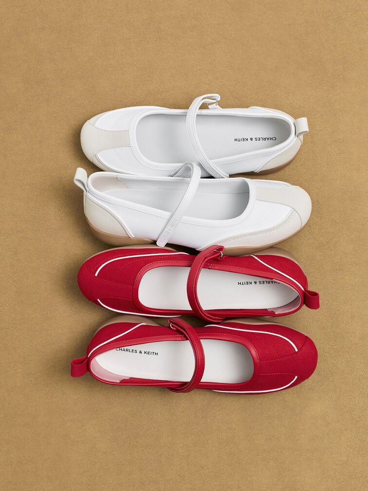 รองเท้าผ้าใบทรงแมรี่เจนดีไซน์ขอบตัดสีรุ่น Louise, สีแดง, hi-res