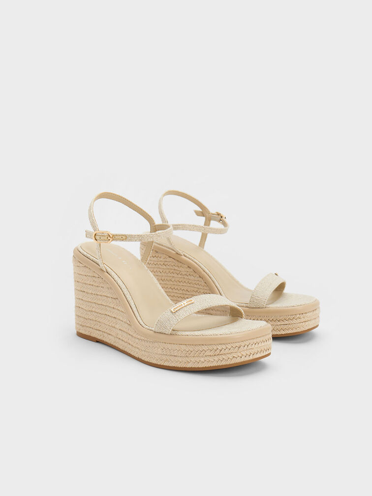 Linen Espadrille Wedges, สีเบจ, hi-res