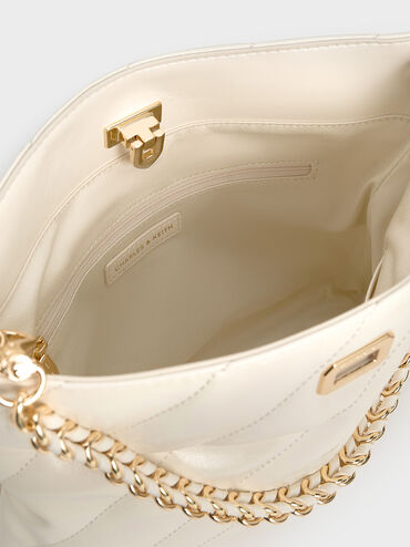 กระเป๋าสะพายไหล่ดีไซน์ลายเส้นพร้อมสายโซ่รุ่น Fawn, สีครีม, hi-res