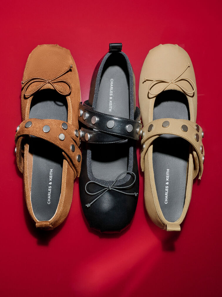 Gael Faux Suede Studded Crossover-Strap Bow Mary Janes, Brown, hi-res