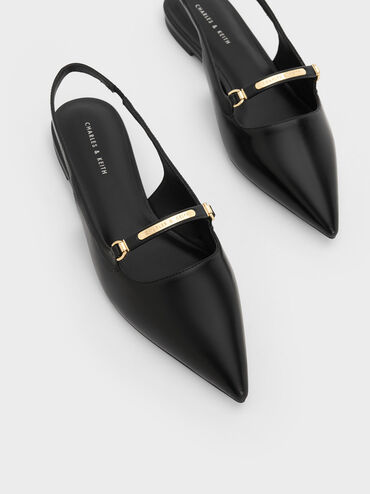 Metallic Bar Accent Slingback Flats, สีดำ, hi-res