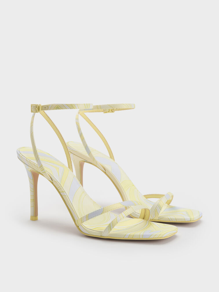 Swirl-Print Ankle-Strap Heels, Yellow, hi-res